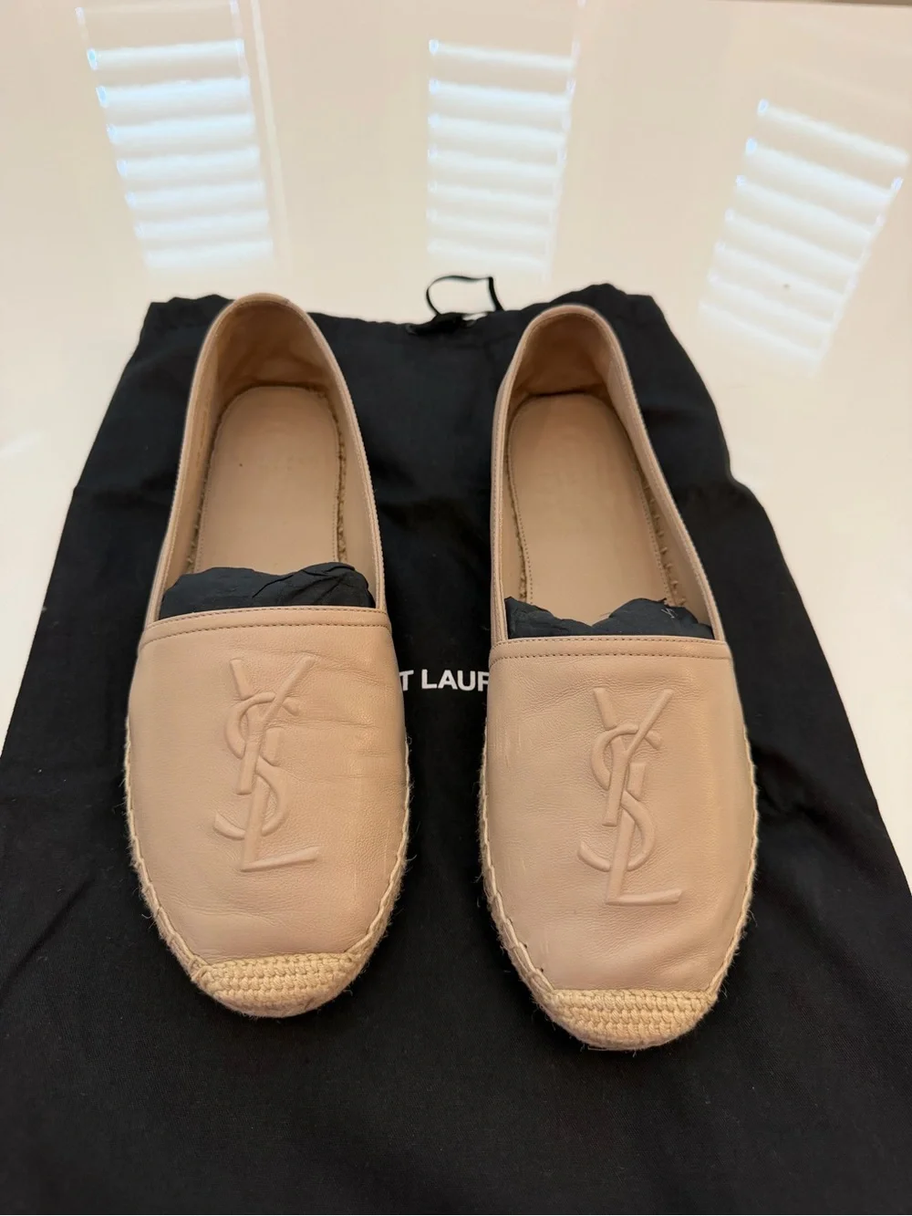 Saint Laurent Beige Leather Espadrille Slip-Ons with YSL Logo 37.5 / 7-7.5